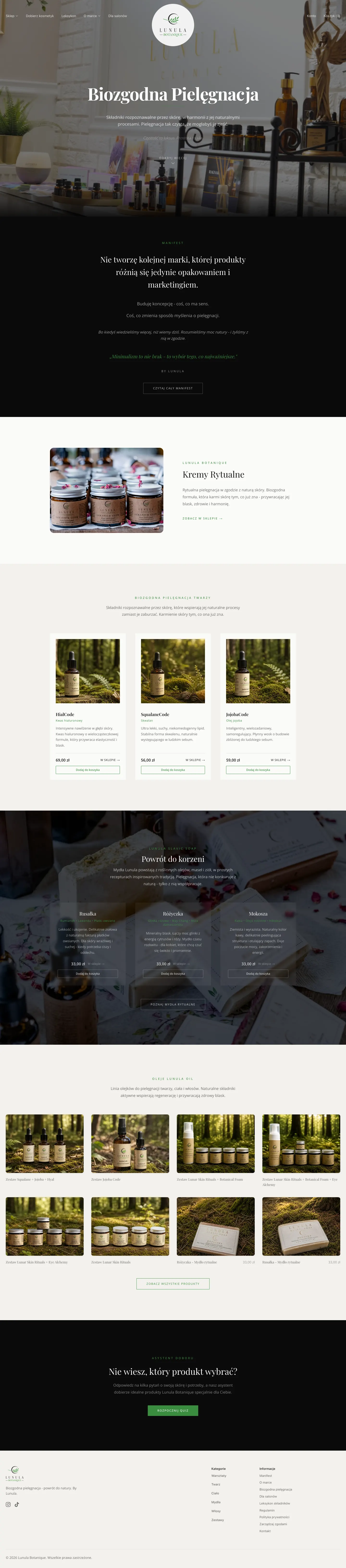 Lunula Botanique homepage — biocompatible skincare hero and product showcase