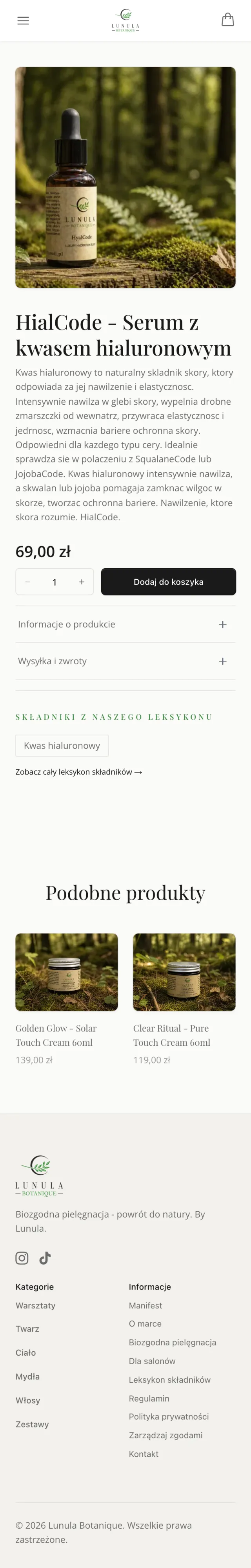 Lunula Botanique product page on mobile